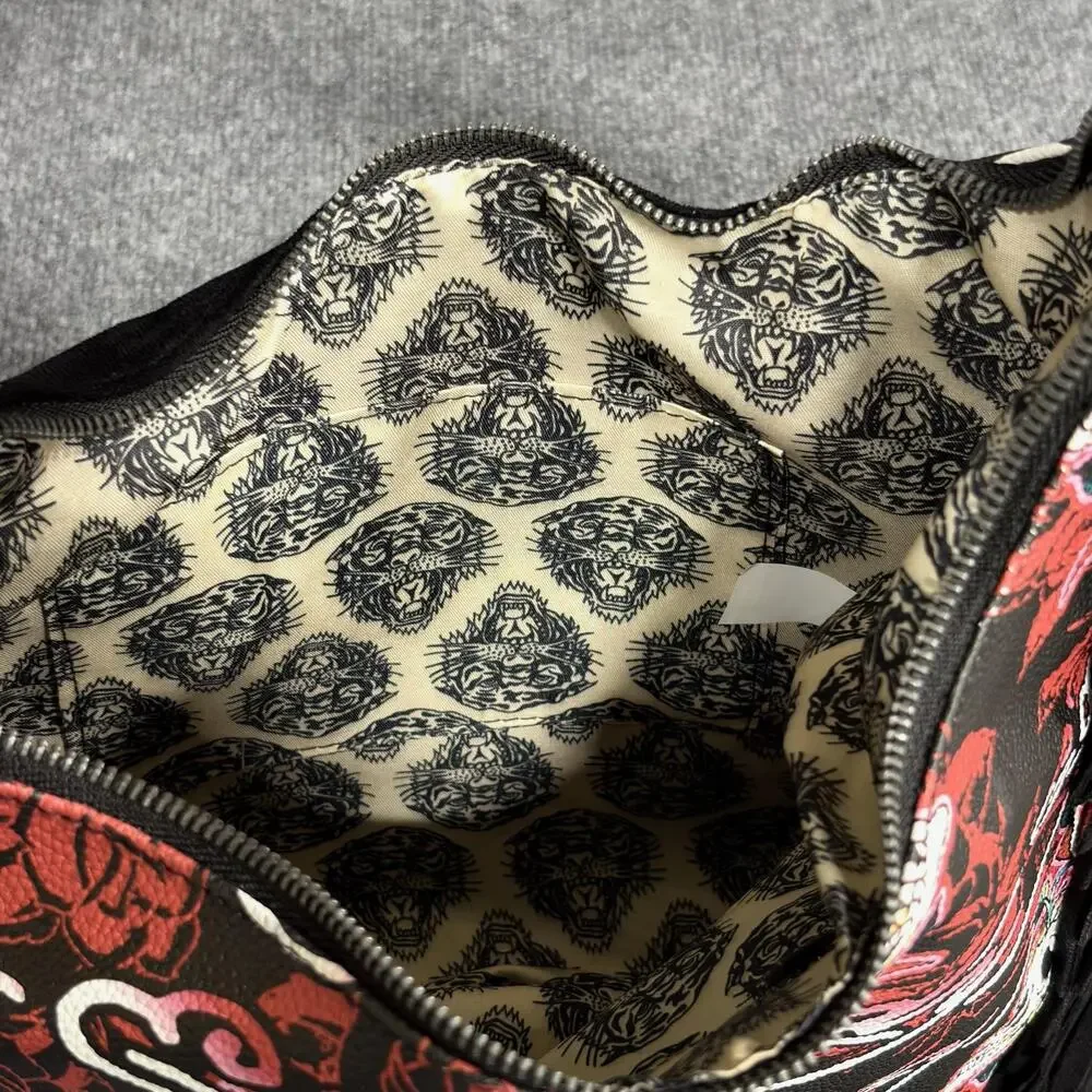 Ed Hardy Hobo Bag Womens Medium Black Red Skull Fringe Tattoo Rock Shoulder